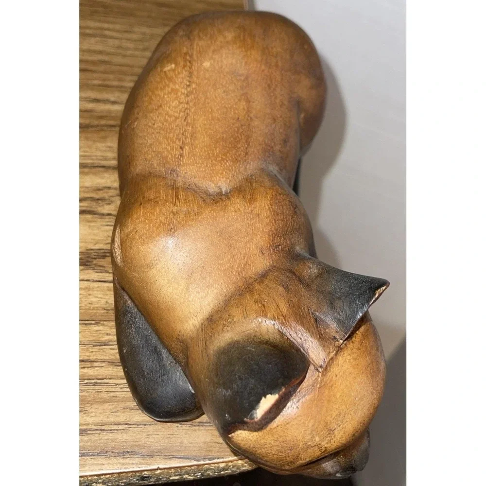 VTG Hand Carved Wood Cat Shelf Sitter Whimsical Siamese Figurine 1980s Folk Art